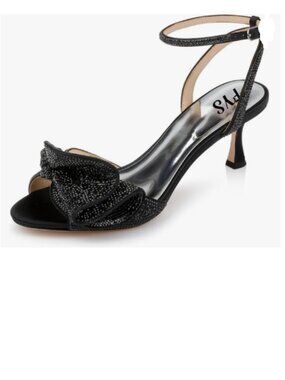 FYS Black Cute Rhinestones Bow Peep Toe Mid Heel Ankle Strap Sandals Satin Shoes